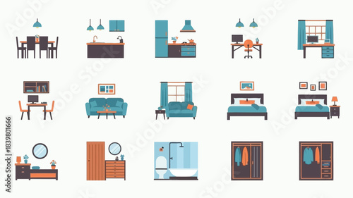 Collection of flat interior design icons representing various rooms and furniture