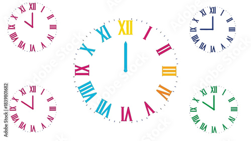 A collection of analog clocks displaying different times with roman numerals