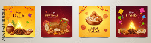 Happy Lohri Square Card Pack with Bonfire, Punjabi Sweets, Dhol and Festive Decorations – Vector Design