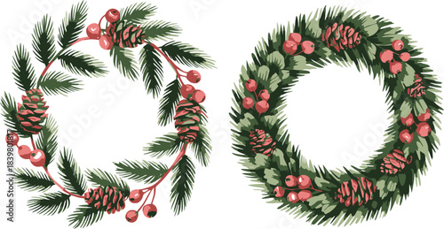 Two Christmas wreaths with pine cones and red berries