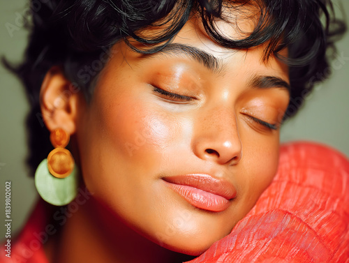 Close-up portrait of a young woman smiles, with large earrings, shows emotions of calm, fun and carelessness, happiness and joy