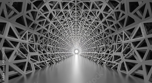 Fototapeta Naklejka Na Ścianę i Meble -  A futuristic tunnel design, rendered in grayscale, showcases a complex network of interconnected triangles.