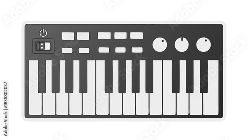 Monophonic Synthesizer Keyboard With White And Grey Keys And Control Knobs And Buttons On A Black Background