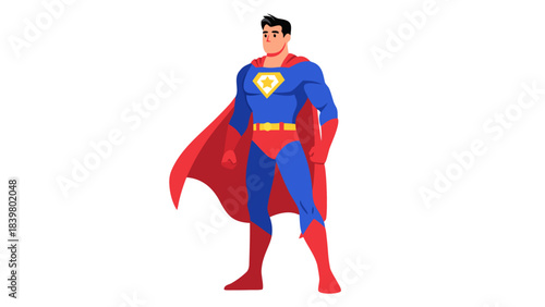 Muscular Man With Black Hair Wearing A Blue Suit Red Cape And Yellow Belt Standing Confidently Against A Black Background