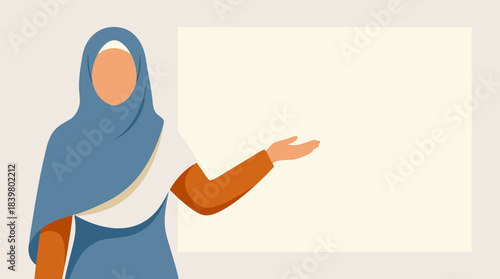 Muslim Woman Presenting Blank Board. Education, Learning, Information Sharing.