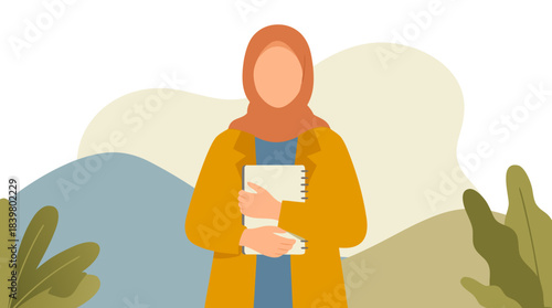 Muslim Woman in Hijab Holding Notebook Illustration