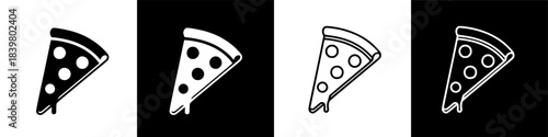 Four stylized pizza slice illustrations in black and white, presented with alternating background colors.