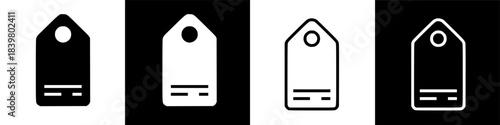 Four stylized price tag illustrations in black and white, presented with alternating background colors.