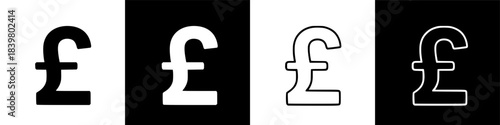 Four stylized pounds symbol illustrations in black and white, presented with alternating background colors.
