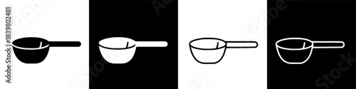 White Measuring Scoop Icon for Portioning Ingredients, Kitchen Utensil Graphic on Black Background