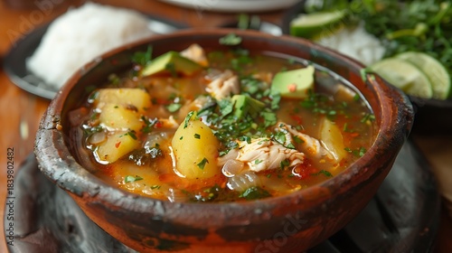 Fototapeta Naklejka Na Ścianę i Meble -  Close up of ajiaco soup in a rustic bowl with avocado and cilantro garnish served with rice and lime