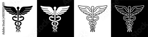 Stylized Caduceus Symbol on Black Background Representing Health and Commerce