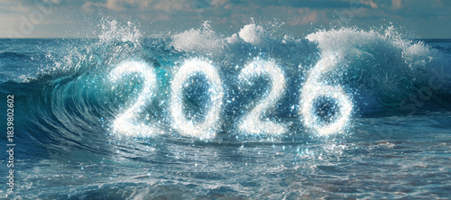 Festive summer holiday concept symbolising new year, celebration and fresh start. Abstract ocean wave with sparkling white foam forming the glowing numbers 