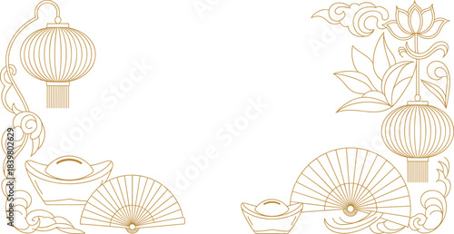 Elegant traditional Chinese decorative border with lanterns, gold ingots, folding fans, lotus flowers, cloud motifs, cultural festival frame design for celebrations