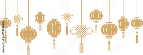 Minimalist illustration of hanging Chinese lanterns and traditional knots, elegant gold decorative elements for festivals, celebrations, cultural design and holiday themes