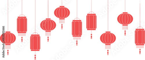 Minimalist illustration of red Chinese lanterns hanging in rows, festive decoration design for Lunar New Year, celebrations, cultural artwork and holiday themes