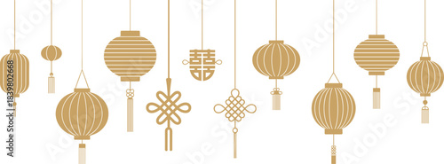 Minimalist illustration of hanging Chinese lanterns and traditional knots, elegant gold decorative elements for festivals, celebrations, cultural design and holiday themes