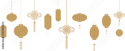 Minimalist illustration of hanging Chinese lanterns and traditional knots, elegant gold decorative elements for festivals, celebrations, cultural design and holiday themes