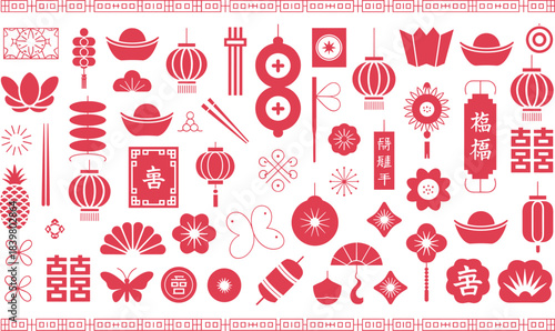 Traditional Chinese New Year icon set with lanterns, knots, gold ingot, pineapple, flowers, decorations, symbols, festive elements and cultural celebration graphics