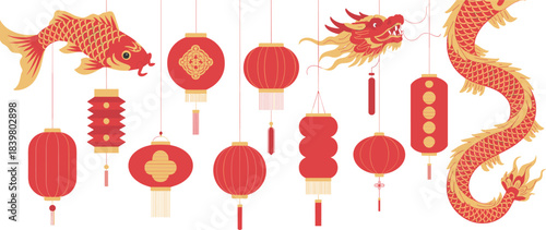 Traditional Chinese New Year illustration set with red lanterns, dragon, koi fish, festive decorations, cultural symbols, celebration elements, and holiday ornaments