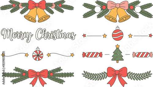 Christmas ornaments bells pine branches and text vector