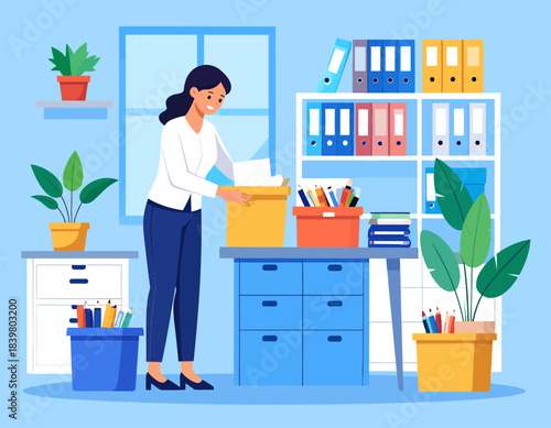 A professional woman organizes documents in a tidy, modern office. She is placing files into a box on a desk, surrounded by shelves, plants, and office supplies. A concept of productivity and order.