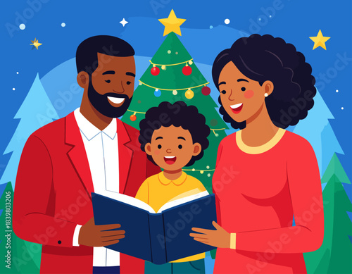 A happy family of three reading a storybook together in front of a decorated Christmas tree. The scene captures the warm, joyful spirit of the holiday season and family bonding. Festive illustration.