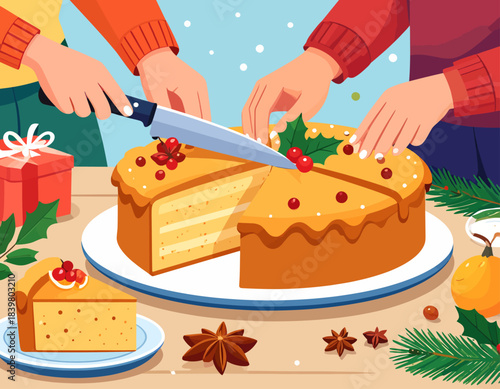 Hands slicing a festive Christmas cake on a decorated table. The scene includes a gift box, holly, and spices, evoking a sense of holiday celebration, sharing, and delicious homemade dessert.