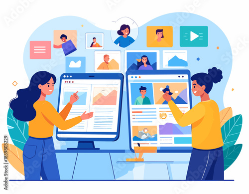 Two women managing digital content and social media on large computer screens, surrounded by various online profiles and media elements, illustrating content creation and online collaboration.