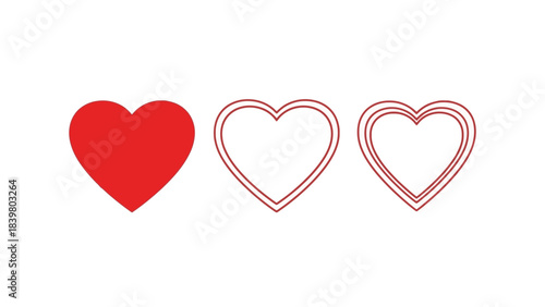 Three Red Hearts Icons: Solid, Outline, and Double Outline for Love Concepts