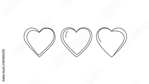 Three Outline Hearts, Minimalist Art, Simple Romantic Symbols on White Background