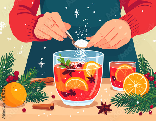 Hands adding sugar to a festive mulled wine drink with orange slices, star anise, and cranberries, surrounded by Christmas decorations.