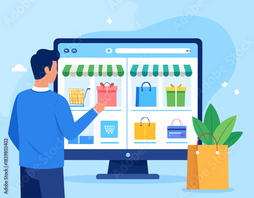 Man shopping online on a computer monitor displaying an e-commerce website with various products and gift items.