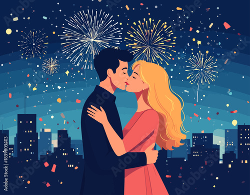 A romantic couple shares a passionate kiss under a sky filled with dazzling fireworks and falling confetti above a city skyline at night.