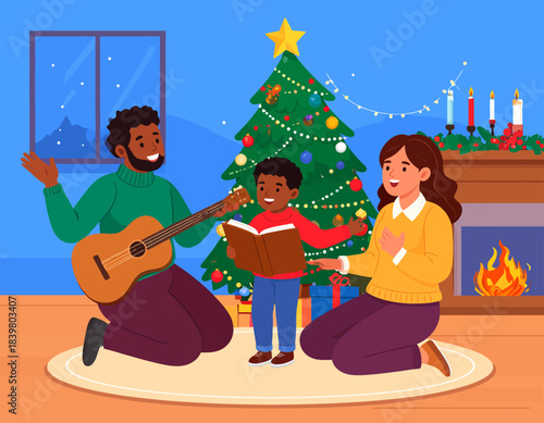 A happy family sings Christmas carols together in a festive living room with a decorated tree and fireplace.