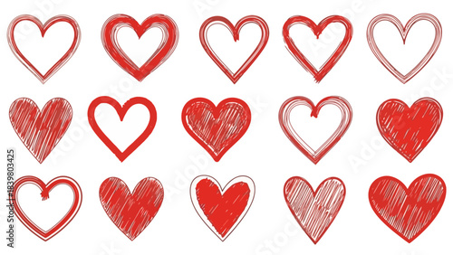 Collection of Red Hand-Drawn Hearts on White Background, Valentine's Day Symbols