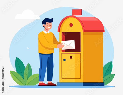 A man in a yellow sweater is mailing a letter by putting an envelope into a traditional yellow and red mailbox.