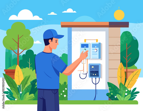A man in a blue shirt and cap adjusting an outdoor smart home or energy control panel in a garden setting.