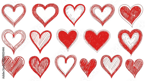 Collection of Hand-Drawn Red Hearts in Various Sketch Styles
