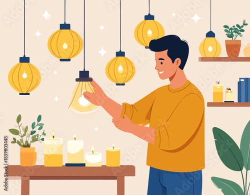 A man in a yellow shirt adjusting a hanging lamp, surrounded by various warm light sources like lanterns and candles, creating a cozy home decor scene.