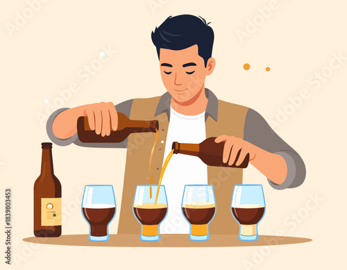 A man pouring different types of beer into glasses for a tasting session or home brewing activity.