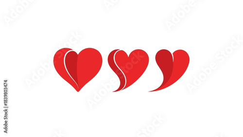 Three Stylized Red Hearts on a White Background, Graphic Design Elements