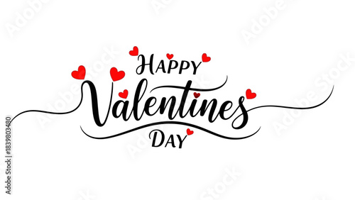 Happy Valentines Day calligraphy with red hearts and decorative flourishes