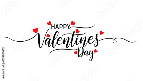 Happy Valentines Day handwritten calligraphy with red hearts and swirls