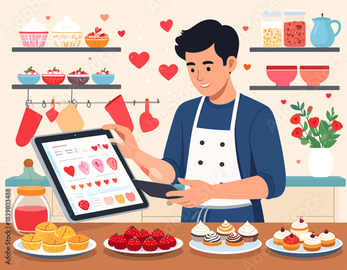 A man in a chef's apron in a kitchen, looking at a tablet with heart-themed desserts, surrounded by baked goods and decorative hearts.