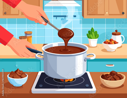 Hands stirring rich chocolate sauce in a pot on a stovetop in a kitchen.