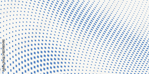 Abstract curved dotted surface with halftone effect by blue and turquoise small squares. Vector graphic pattern