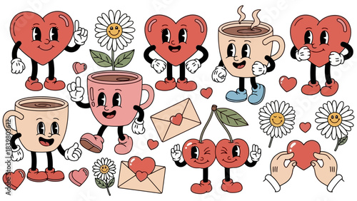 Retro Cartoon Characters Collection: Hearts, Coffee Cups, Cherries, and Daisies
