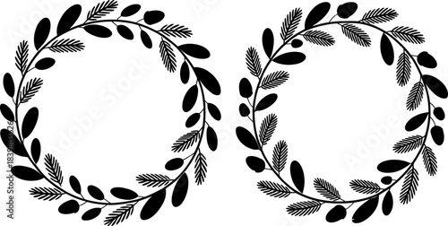 Two black botanical wreaths with oval leaves and pine needles