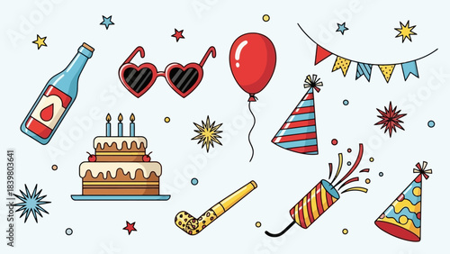 Vibrant Birthday Party Elements: Cake, Balloon, Confetti, and Gifts Flat Illustration